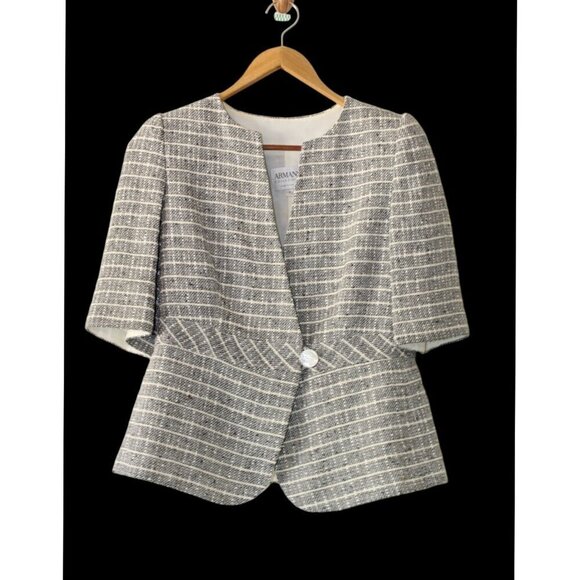 Armani Collezioni Women's Plaid Blazer Mother pearl button Size 4 Grey Top Italy - Picture 1 of 11